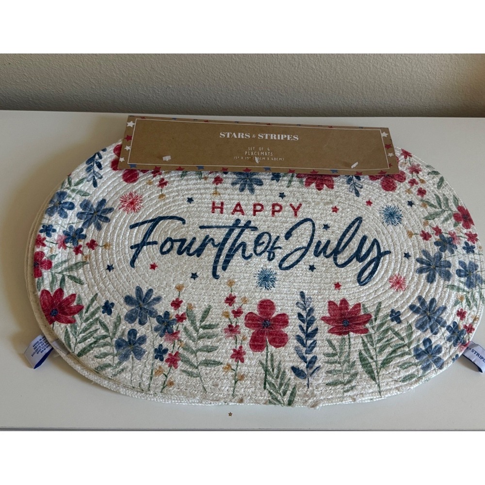 Stars & Stripes Happy Fourth of July Braided Placemats Set of 4 Red White Blue